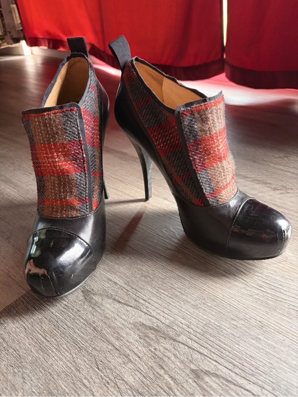 L.A.M.B. Plaid Wool & Black Leather High Heel Booties - Women sz 9